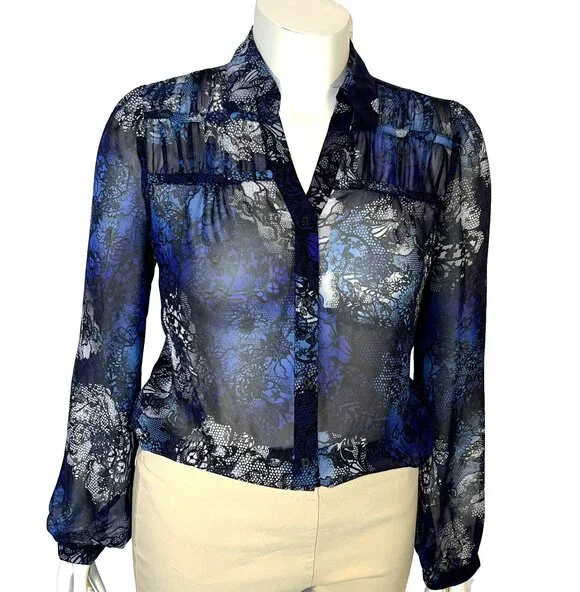 East 5th Blouse Button Up Womens L Semi Sheer Black Blue Abstract Long Sleeve - Picture 7 of 13